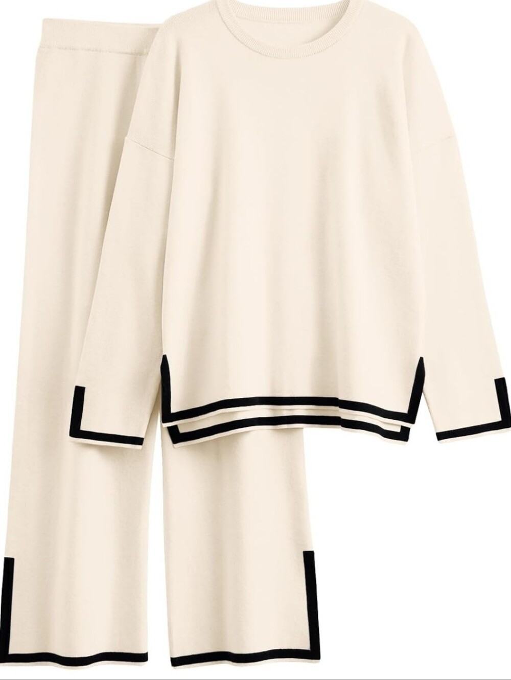 Cream Two-Piece Knit Top and Wide Leg Pant Set with Black Trim